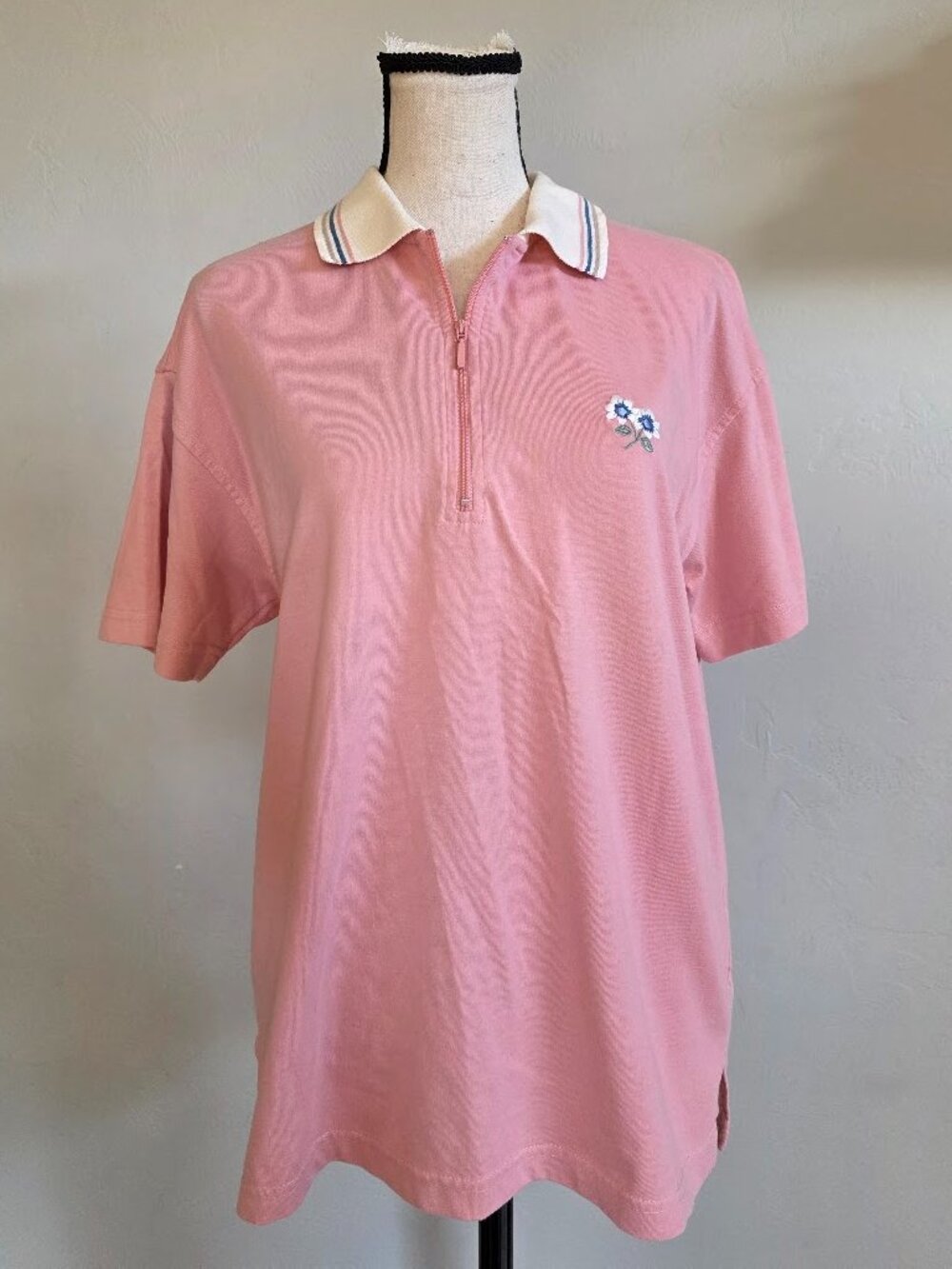 Cute Vintage 90s Bold Spirit Pink Quarter-Zip Polo - Embroidered Floral - Size M